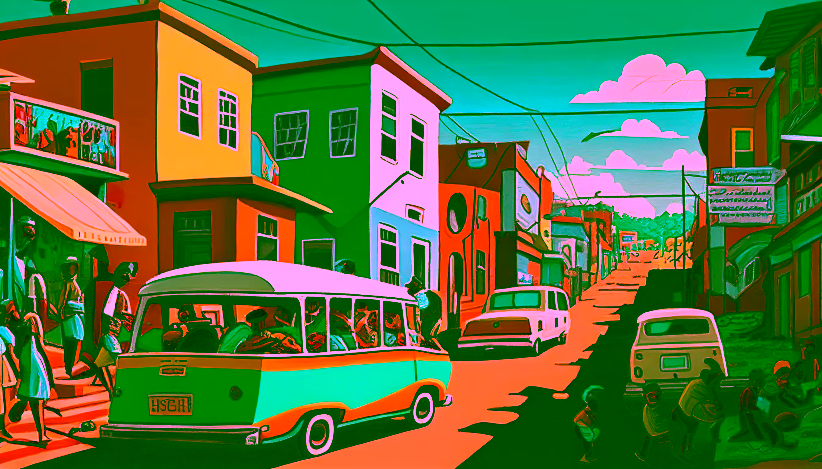 Canvas Wall Art - Urban Street With Minibus - B1035